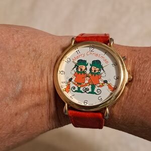 Merry Christmas Elf Watch with Slightly Worn Genuine Leather Red Strap